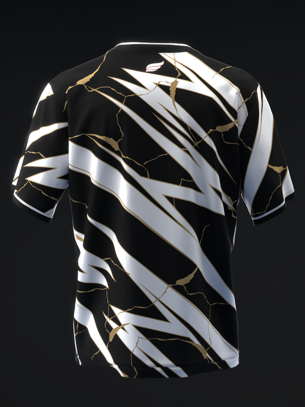 Black bowling jersey with white and gold diagonal stripe and lightning bolt design, front view