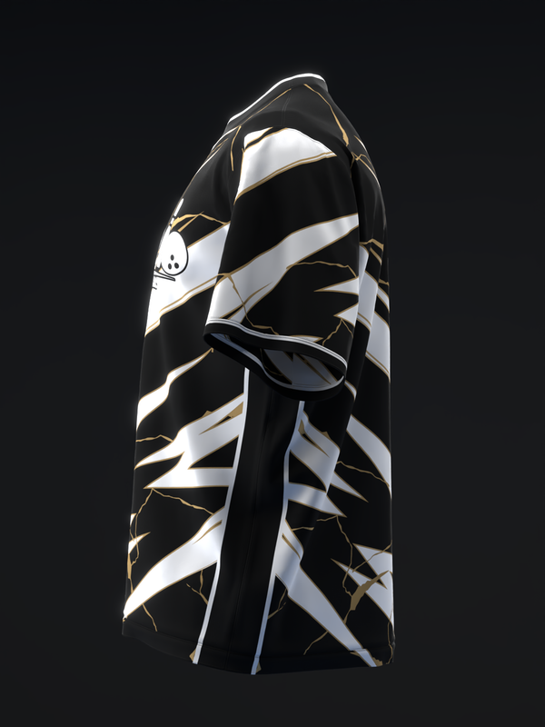 Black and white diagonal striped bowling jersey with gold accents and skull graphic