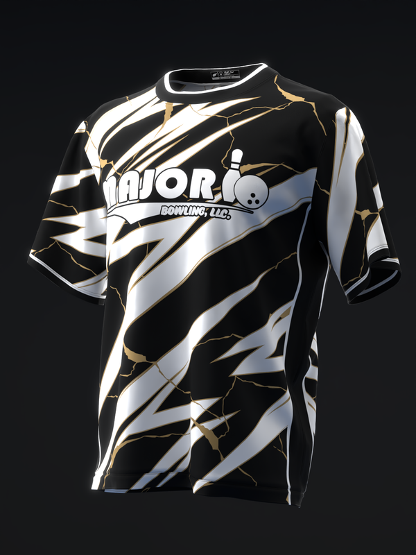 Black bowling jersey with white and gold lightning bolt pattern and graphic design
