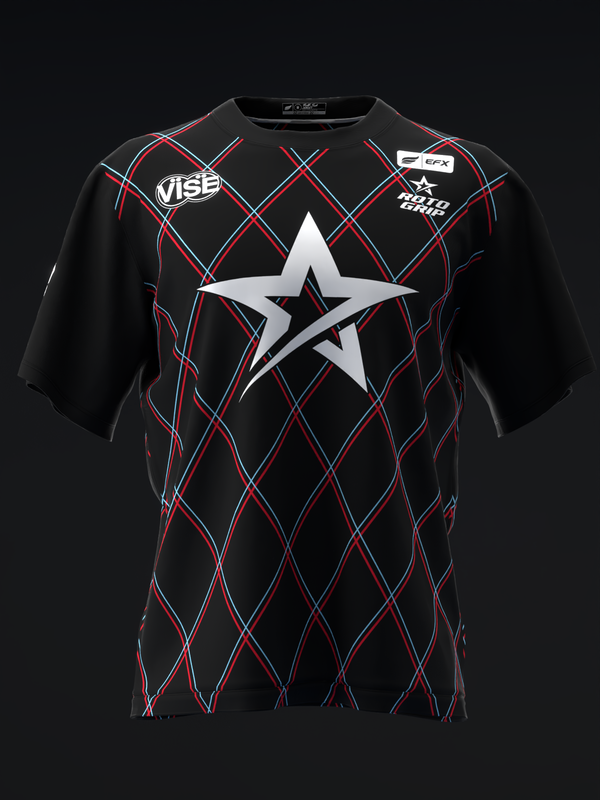 Black bowling jersey with red and blue argyle pattern and white star graphic