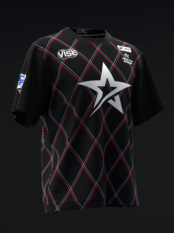 Black bowling jersey with red and white argyle pattern and large star graphic
