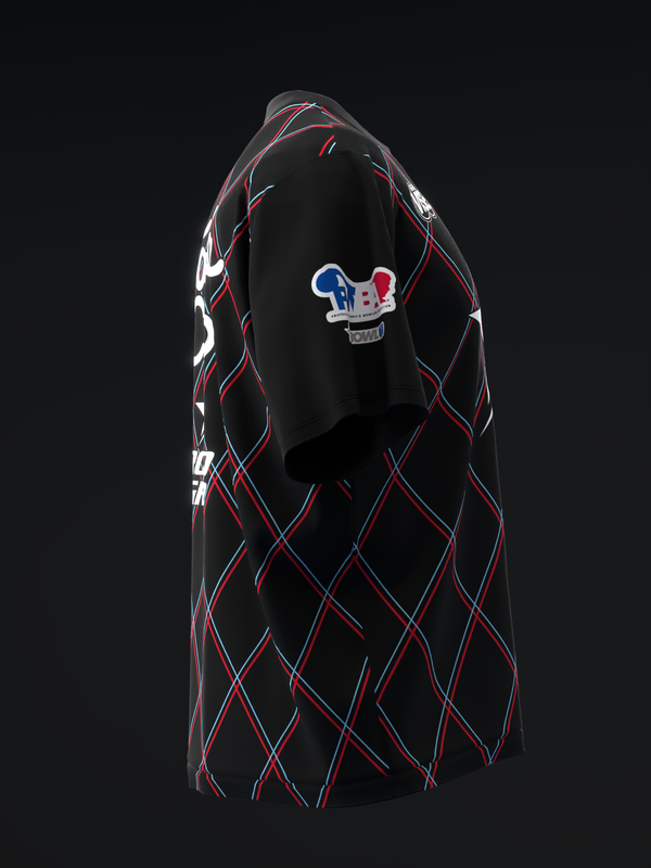 Black bowling jersey with red and blue argyle pattern and logo graphic