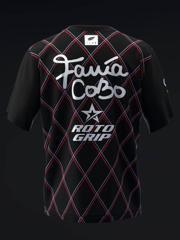 Black bowling jersey with red and blue argyle pattern and script graphics
