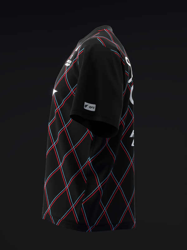 Black bowling jersey with red and blue argon stripe pattern, side view