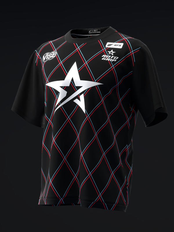 Black bowling jersey with red and blue argyle pattern and white star graphic, front view