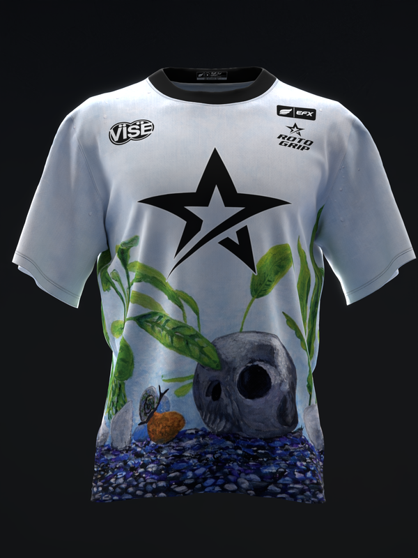 White bowling jersey with black star, aquarium graphic, and green plants design