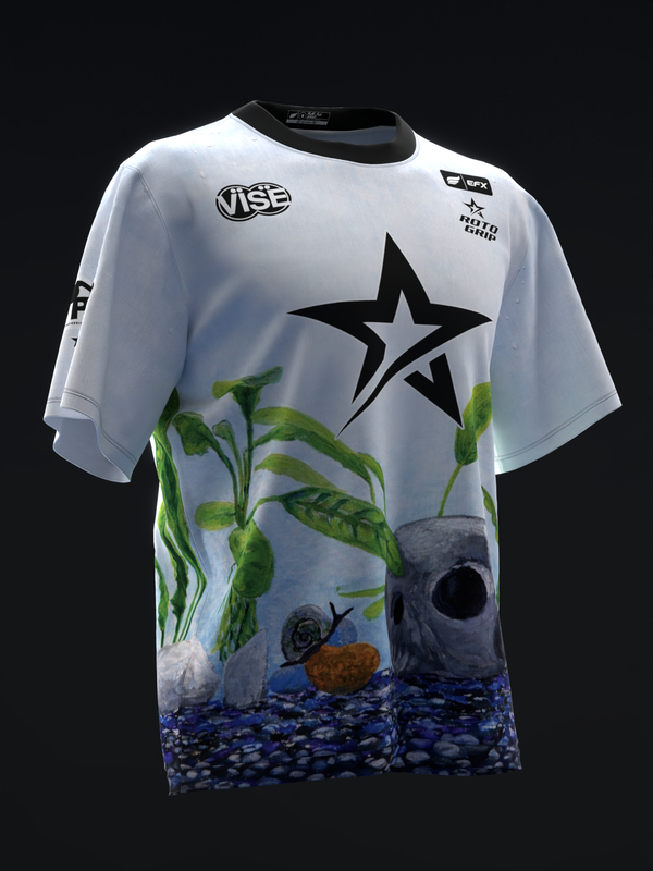 White bowling jersey with black star and aquarium graphic featuring plants and fish