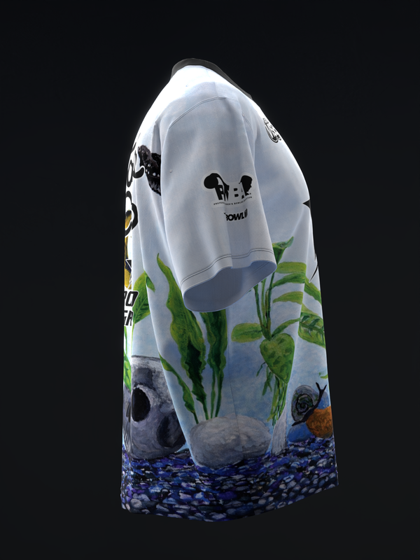 White bowling jersey with aquarium scene graphic, front view displayed on form