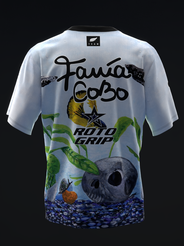 White bowling jersey with fish tank graphic and Roto Grip text, back view