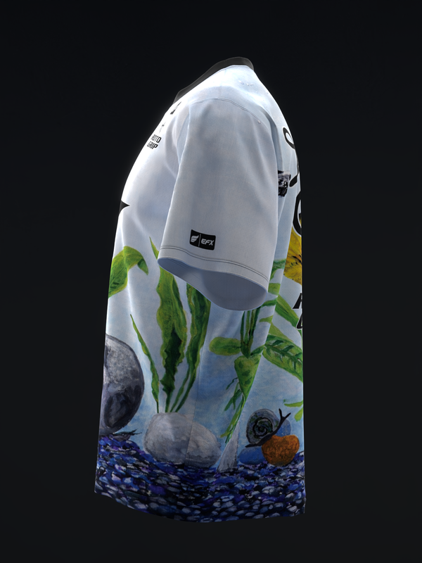 White bowling jersey with underwater aquarium graphic design featuring green plants and fish