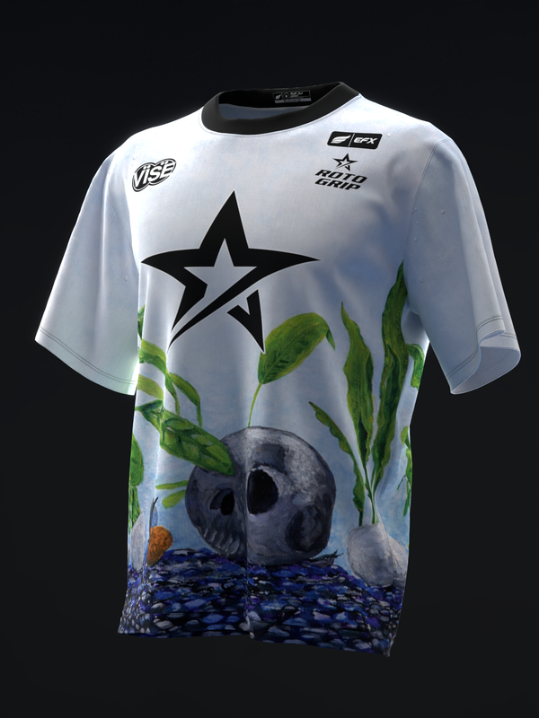 White bowling jersey with black star and aquatic skull graphic design on front