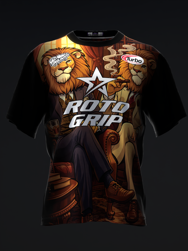Black bowling jersey with illustrated lions, star logo, and Roto Grip text, front view