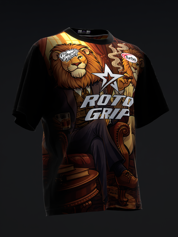 Black bowling jersey with illustrated lion and star graphic design on front