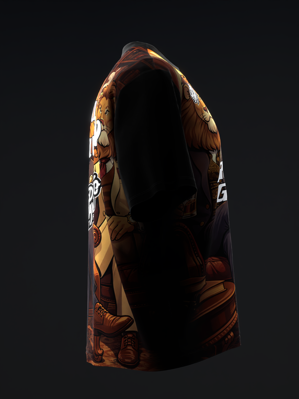 Bowling jersey with brown and gold lion graphic design on sleeves