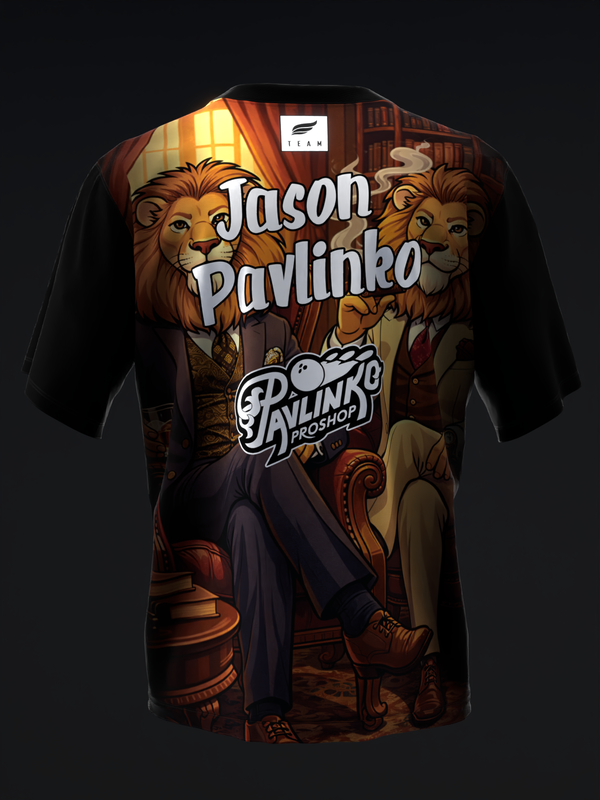 Black bowling jersey with illustrated lions in formal attire and text graphics