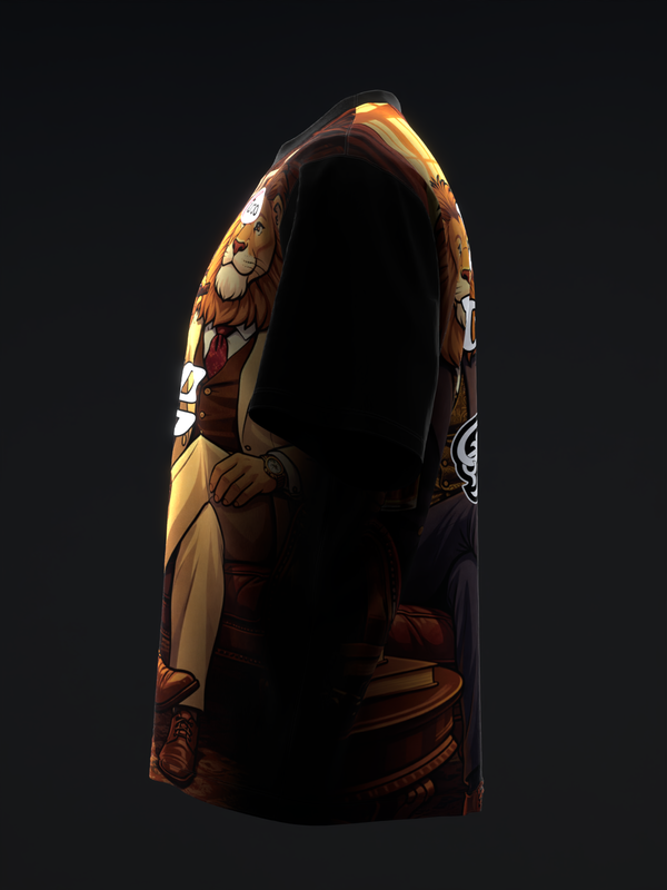 Brown bowling jersey with lion graphic design and gold accents, front view