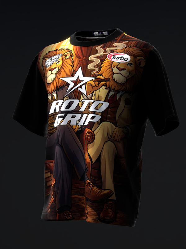 Black bowling jersey with illustrated lions and Roto Grip text, front view