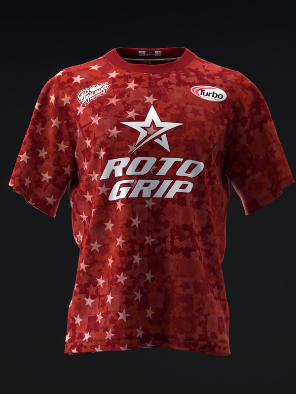 Red bowling jersey with white star pattern and Roto Grip logo, front view