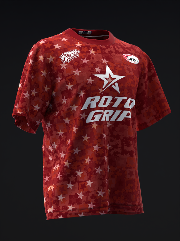 Red bowling jersey with white stars and Roto Grip logo on front