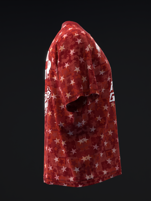 Red bowling jersey with all-over star pattern and white side graphic