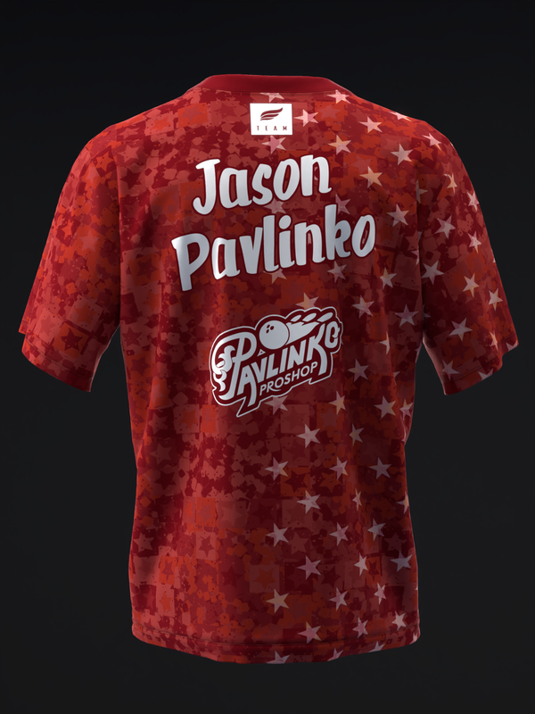 Red tie-dye bowling jersey with white stars and Jason Pavlinko name, back view