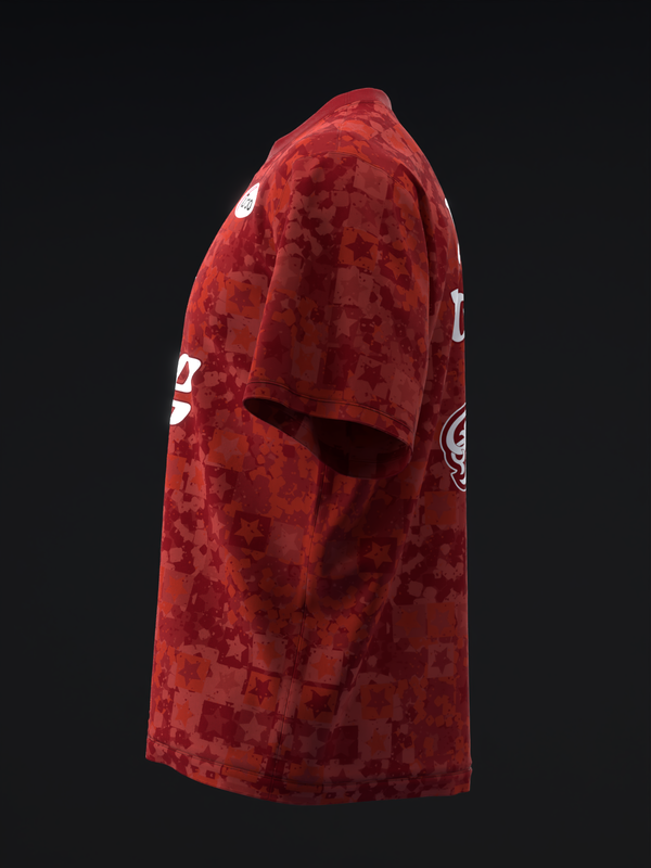Red tie-dye bowling jersey with white graphic design and logo details