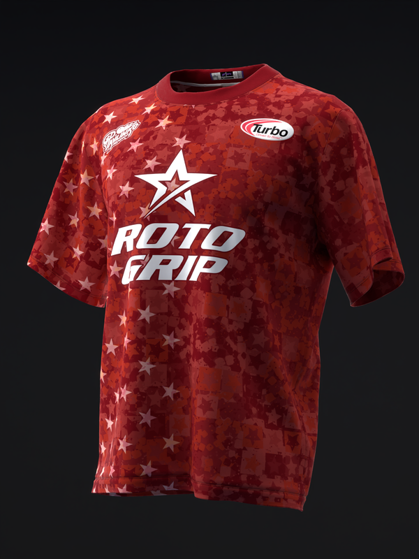 Red bowling jersey with white star pattern and Roto Grip logo, front view