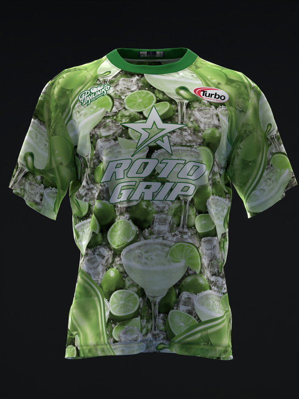 Green bowling jersey with lime and cocktail graphic design, front view