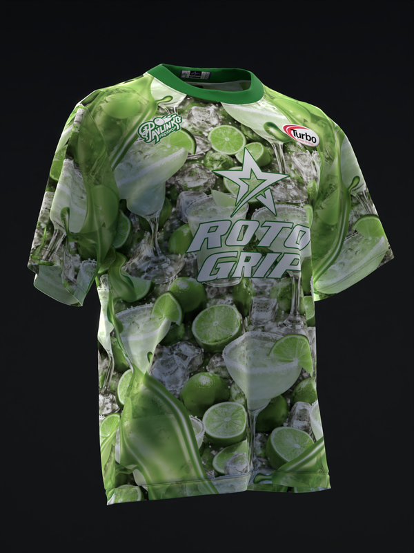 Green bowling jersey with lime and ice graphic print design, front view