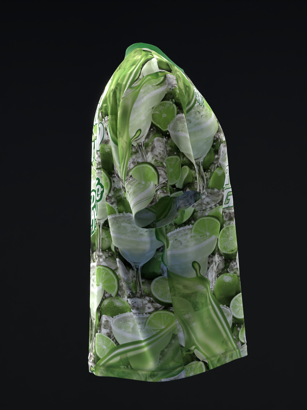 Green and white bowling jersey with lime and cocktail glass print, side view