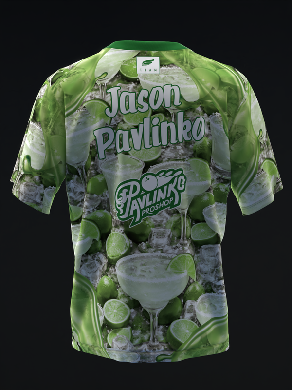 Green bowling jersey with lime and cocktail graphic design, front view