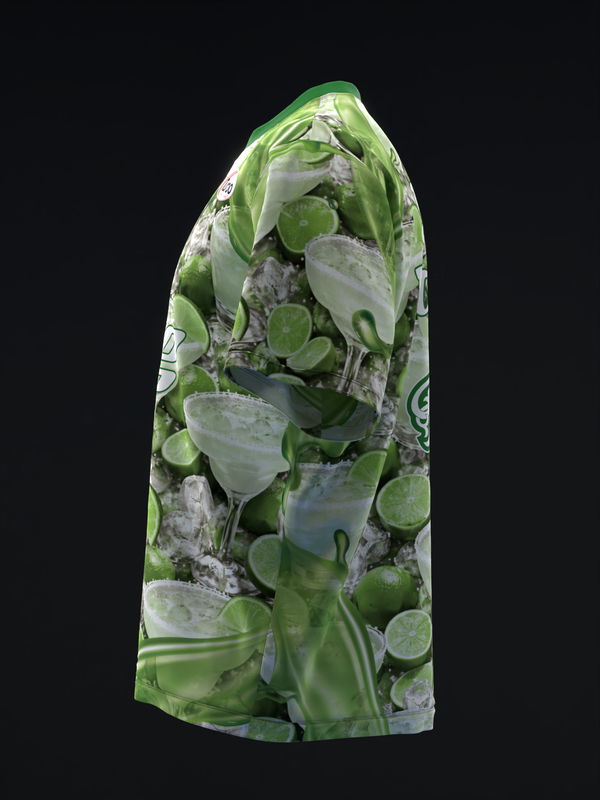 Green bowling jersey with lime and cocktail glass photographic print, side view