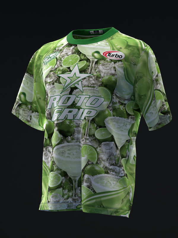 Green bowling jersey with lime cocktail and lime slice allover print, front view