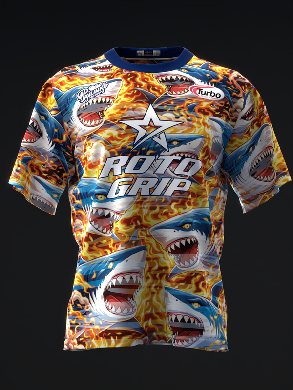Blue bowling jersey with sharks and flames graphic on front, star logo