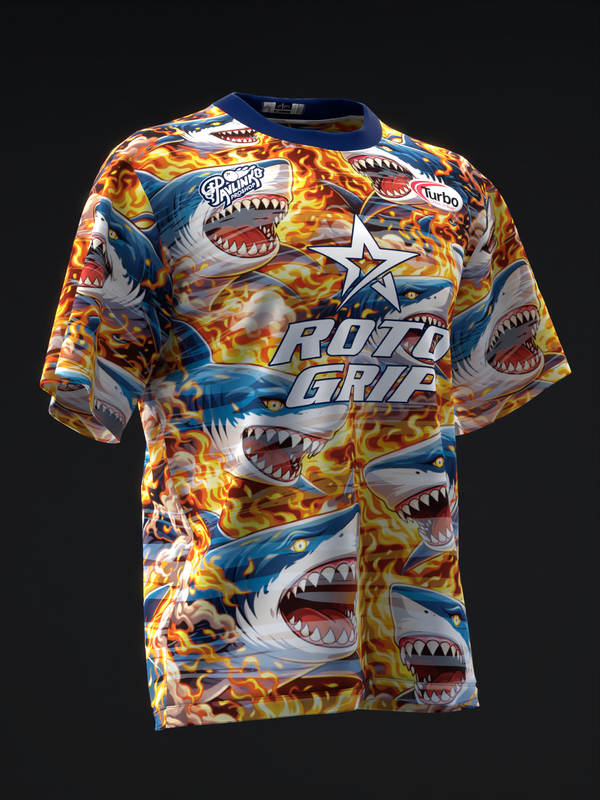 Bowling jersey front view with sharks and flame pattern in blue and orange