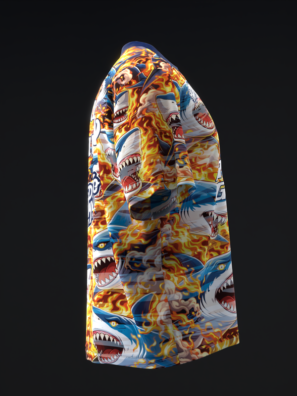Bowling jersey with fire and shark graphic pattern in blue, orange, and yellow tones