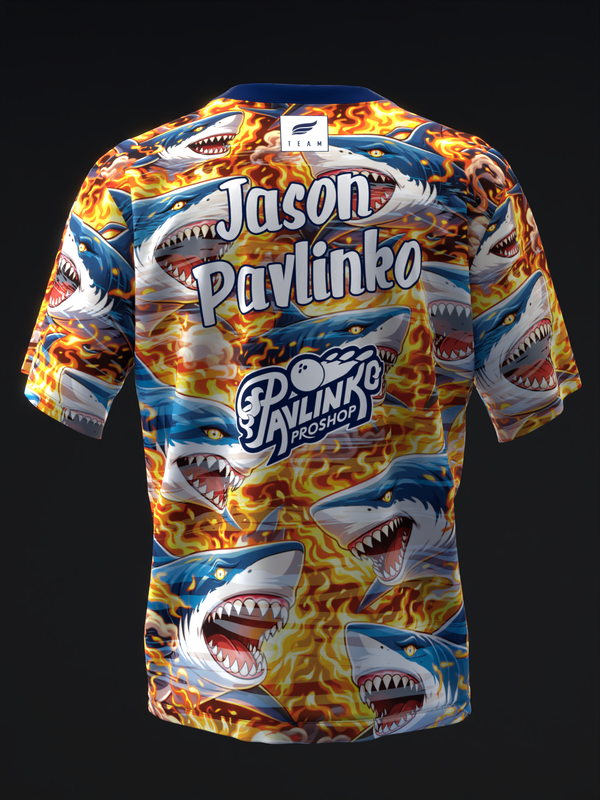 Bowling jersey with sharks and flames pattern in blue, orange, and yellow tones