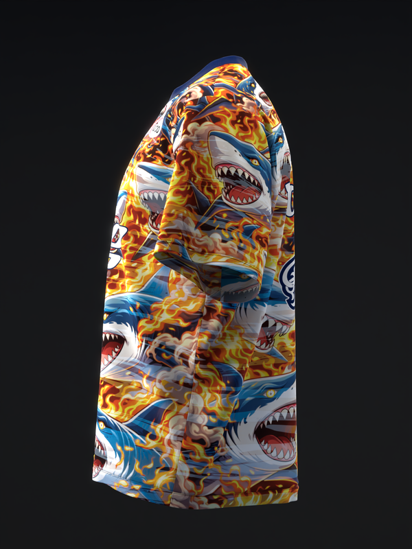 Bowling jersey with sharks and flames pattern in blue, yellow, and orange