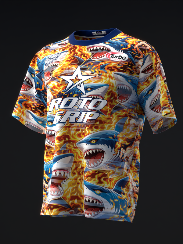 Bowling jersey with sharks and flames pattern in blue, yellow, and red throughout