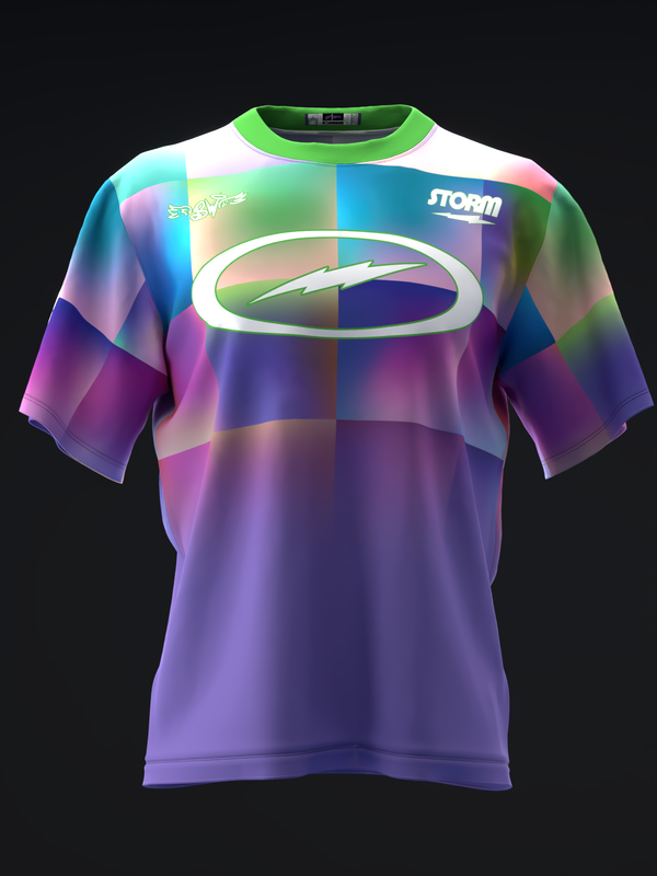 Front view of bowling jersey with multicolor gradient and abstract oval logo graphic