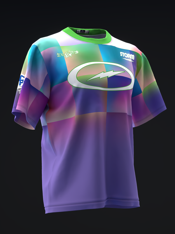 Bowling jersey with abstract gradient squares in purple, blue, green and pink tones