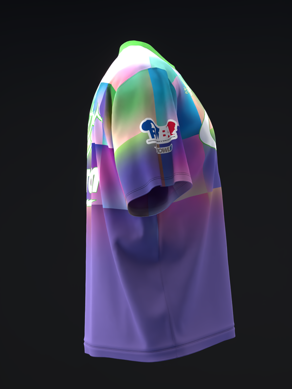 Bowling jersey with multicolored gradient abstract squares pattern, front view