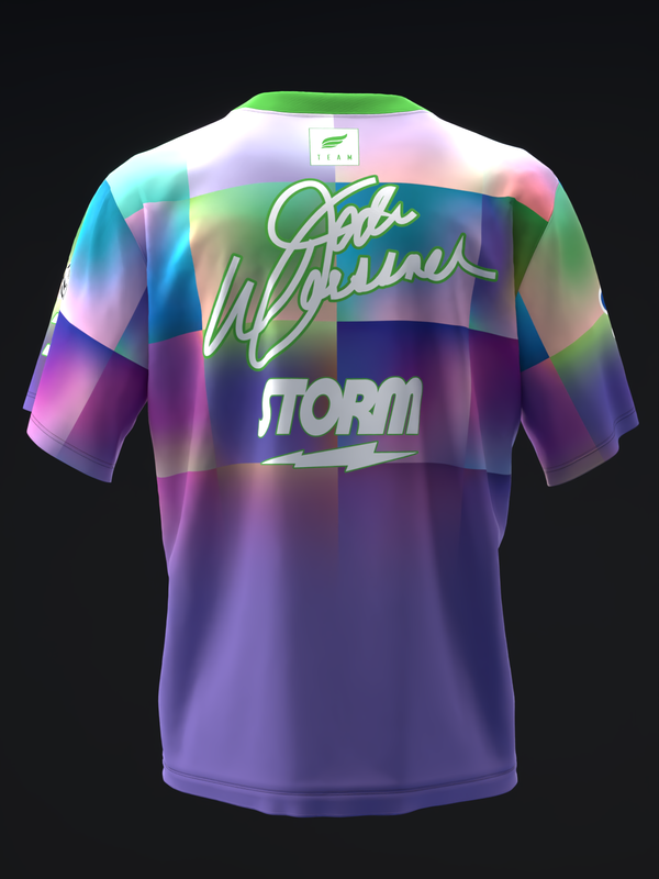 Back view of purple bowling jersey with colorful abstract square pattern and script text