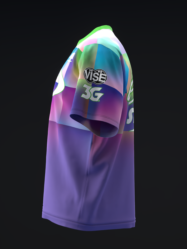 Purple bowling jersey with abstract multicolor geometric squares and Vise branding