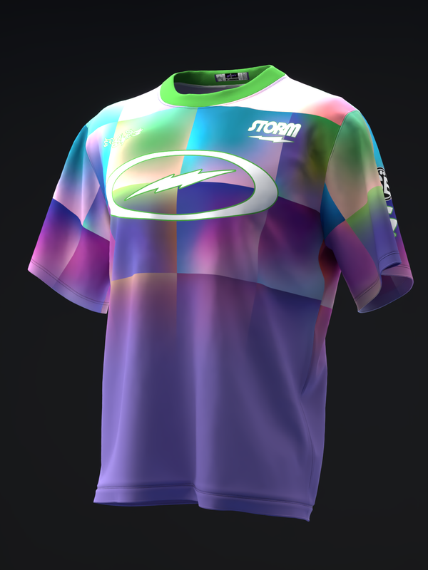 Bowling jersey with gradient abstract squares in purple, blue, green, and pink tones, front view