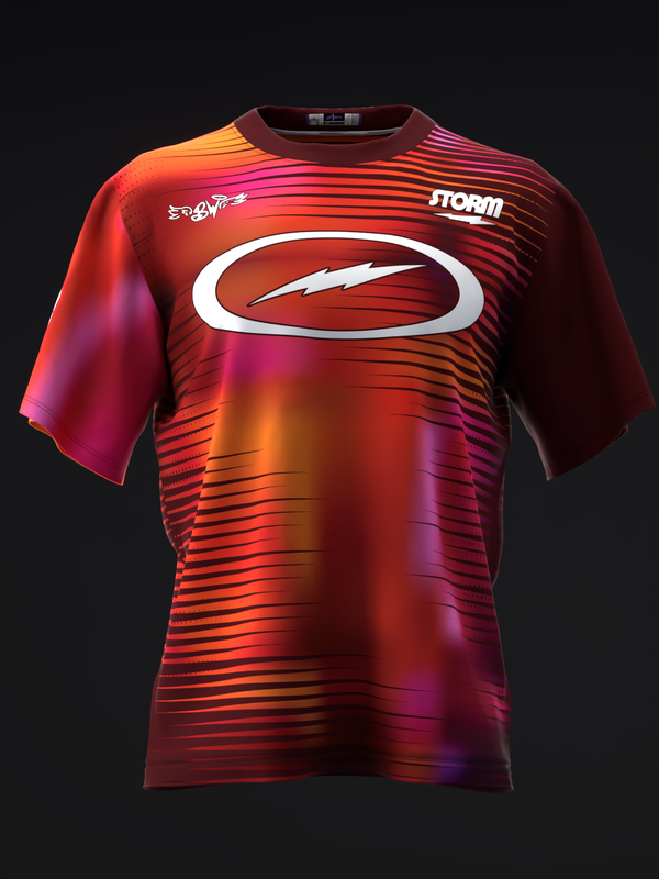 Red bowling jersey with white oval logo and horizontal striped distortion pattern front view