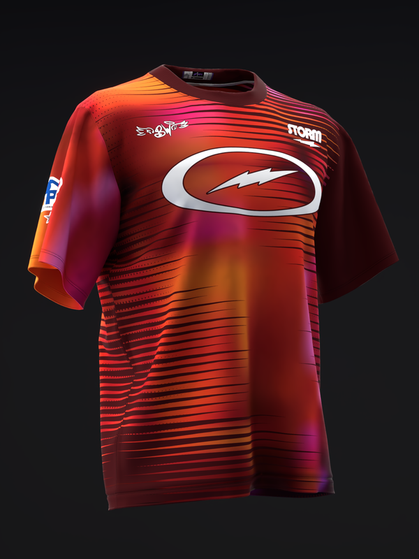 Red and orange gradient bowling jersey with horizontal striped pattern and oval logo