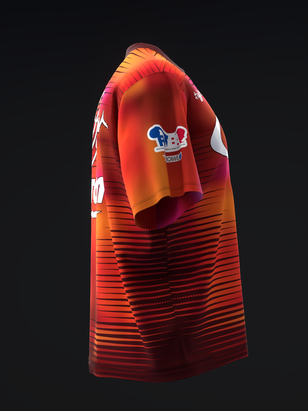 Red and orange gradient bowling jersey with horizontal line pattern and logo
