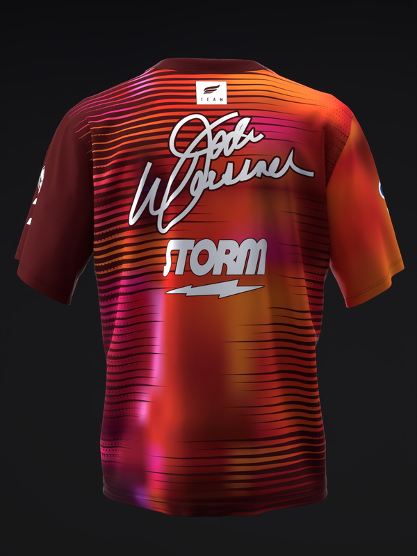 Red and orange bowling jersey with horizontal line pattern and script text back view