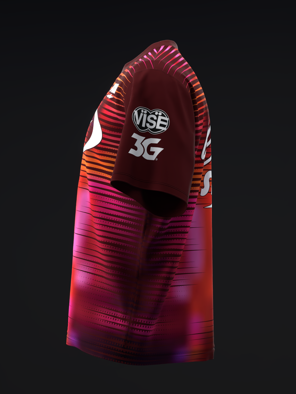 Burgundy bowling jersey with gradient distortion pattern and white Vise branding, front view